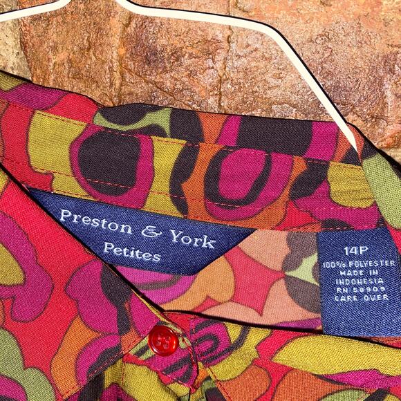 Preston & York Abstract Floral Multicolored Button Down Top Women's Size 14P - Picture 4 of 5